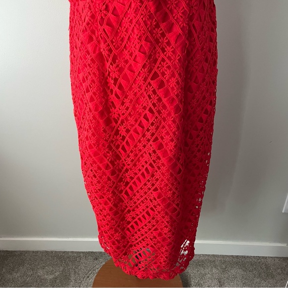 Chi Chi London Bardot Premium Lace Mid Dress Red Crochet NWT Size 12 - Picture 6 of 9